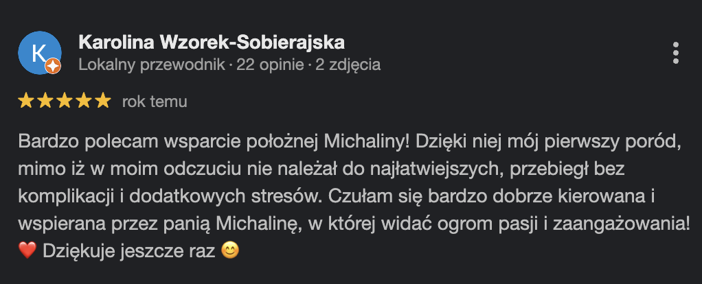 Opinia Karoliny Wzorek-Sobierajskiej o wsparciu położnej Michaliny